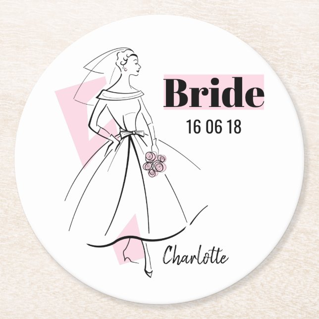 Mode Bride Pink Bride Date Name Untersetzer rund u (Vorderseite)