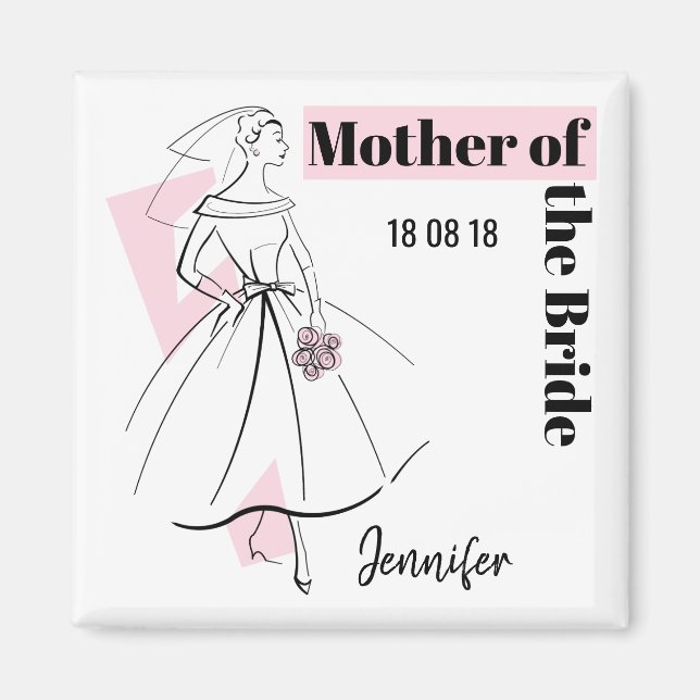 Mode Bride Pink Mother Bridge Date Name Square Magnet (Vorne)