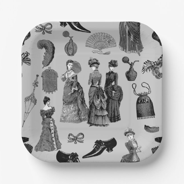 Mode der viktorianischen Ära Frauen Toile Schwarz  Pappteller (Vorderseite)