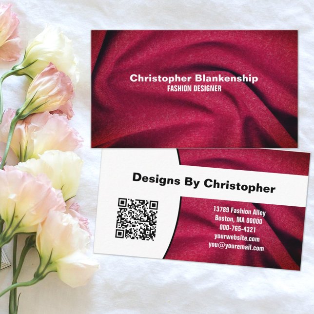 Mode Designer Burgundy Fabric Texture QR Code Visitenkarte (This doubl- sided design is generic enough to work for most small busineses. )