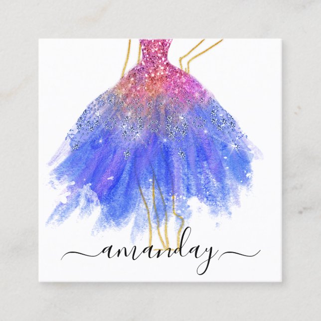 Mode Designer Glitzer Dress Logo QR Gold Blue Quadratische Visitenkarte (Vorderseite)