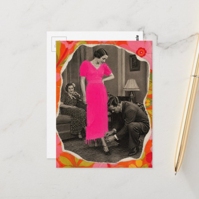 Mode heißrosa Kleid Dame Collage  Postkarte (Vorderseite/Rückseite Beispiel)