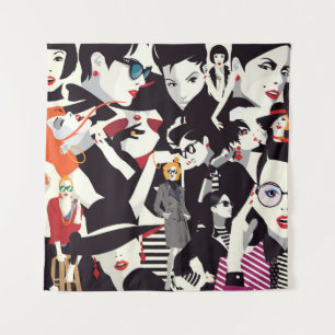 Mode Mädchen Collage: Pop-Art Wandteppich