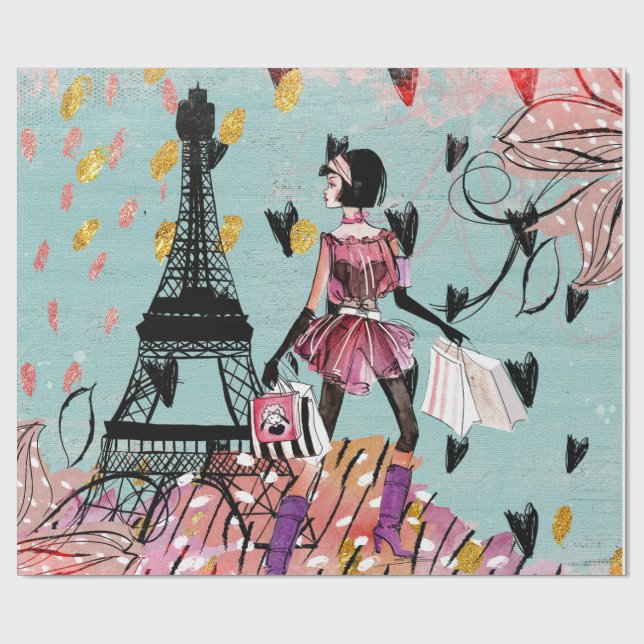 Mode Mädchen in Paris Geschenkpapier (Flach)