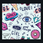 Mode Patch: Pop Art Stickers. Poster<br><div class="desc">Fashion Patch Abzeichen. Nahtloses Muster mit rosa Girl-Aufklebern im Pop-Art-Stil, für Textilien, moderne Grunge-Hintergrund Textilien, Drucke, Papierprodukte, das Web. Mädchen Muster Fashion Forward mit rosa Girl Sticker im Pop Art Stil! Modische rosa Girl-Sticker im Stil der Pop-Kunst, ideal für Textilien. Muster, Mädchen, Mode, Graffiti, Comic, Illustration, Aufkleber, cool, Pop, Diamant,...</div>