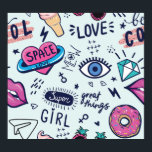 Mode Patch: Pop Art Stickers. Poster<br><div class="desc">Fashion Patch Abzeichen. Nahtloses Muster mit rosa Girl-Aufklebern im Pop-Art-Stil, für Textilien, moderne Grunge-Hintergrund Textilien, Drucke, Papierprodukte, das Web. Mädchen Muster Fashion Forward mit rosa Girl Sticker im Pop Art Stil! Modische rosa Girl-Sticker im Stil der Pop-Kunst, ideal für Textilien. Muster, Mädchen, Mode, Graffiti, Comic, Illustration, Aufkleber, cool, Pop, Diamant,...</div>