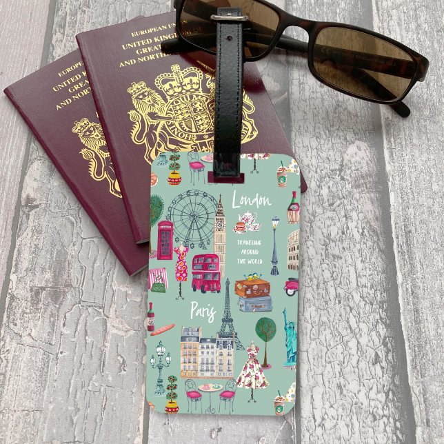 Mode Reise Frau Welt Städte Gepäckanhänger (Fashion Travel Woman World Cities Luggage Tag)