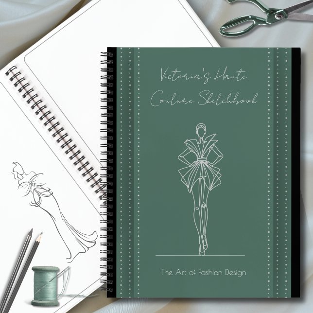 Mode-Skizzenbuch Forest Green Haute Couture Notizbuch (Luxury fashion designer sketchbook in forest green. Elegant croquis illustration studio journal.)