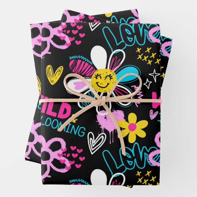 Mode Smiley-Blumen-Graffiti-Muster Geschenkpapier Set (Beispiel)
