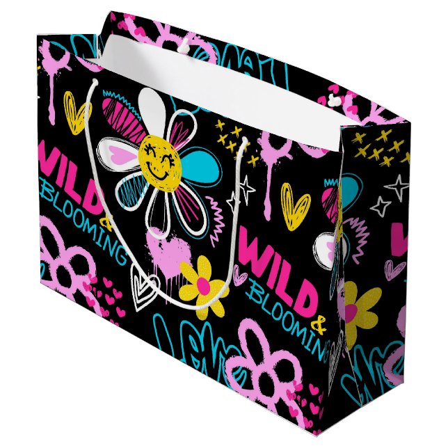 Mode Smiley-Blumen-Graffiti-Muster Große Geschenktüte (Rückseite Schrägansicht)