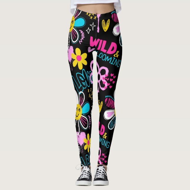 Mode Smiley-Blumen-Graffiti-Muster Leggings (Vorderseite)