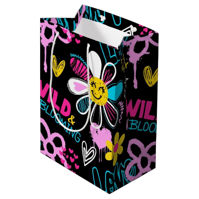 Mode Smiley-Blumen-Graffiti-Muster Mittlere Geschenktüte (Rückseite Schrägansicht)