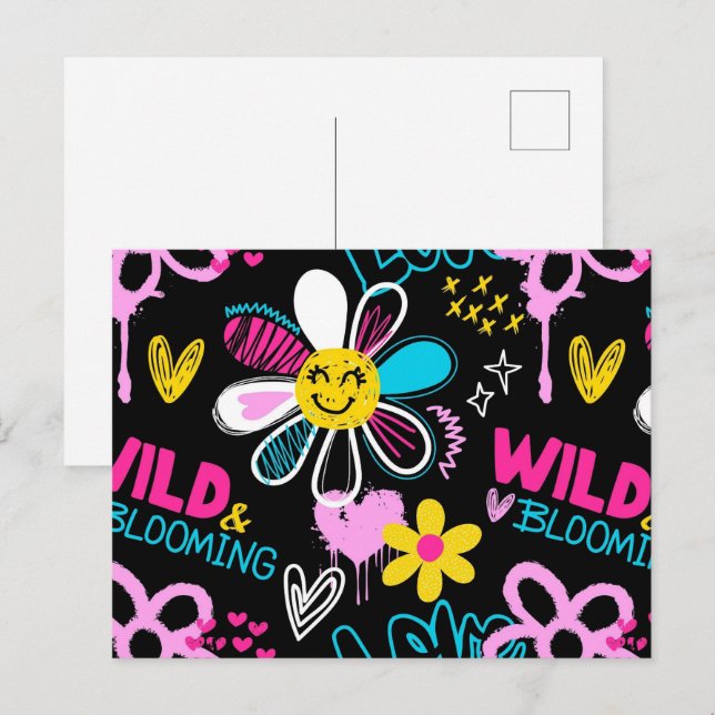 Mode Smiley-Blumen-Graffiti-Muster Postkarte (Vorne/Hinten)