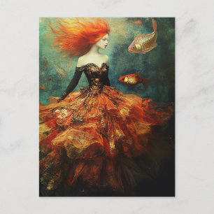 Mode und Goldfish Red Hair Lady Postkarte