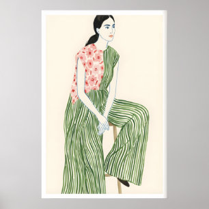 Mode Wandkunst Ruhige Sitzende Frau - Grüne Streif Poster