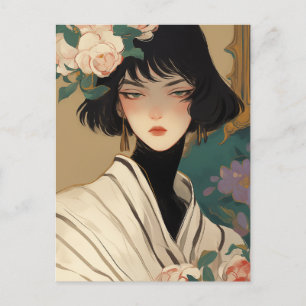 Modebewusste Dame mit Blumen im Haar Postkarte