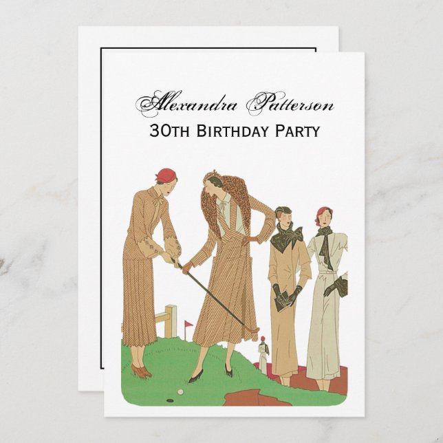 Modebewusste Damen der 20er Jahre spielen Golf Einladung (Vorne/Hinten)