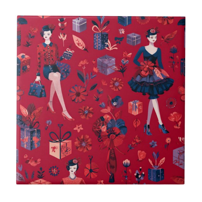 Modebewusste Festliche Frauen Rotes Blumenmuster Fliese (Vorderseite)