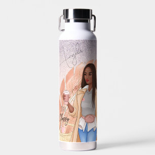 Modebewusste Frau Pink Roségold Braunes Haar Trinkflasche