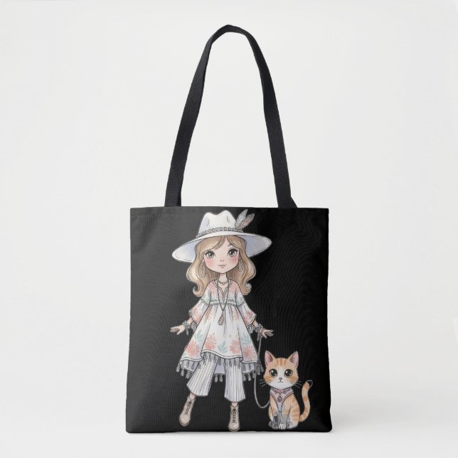 Modebewusstes Mädchen, das mit ihrer Katze spazier (Vorderseite)