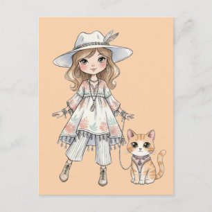Modebewusstes Mädchen, das mit ihrer Katze spazier Einladungspostkarte
