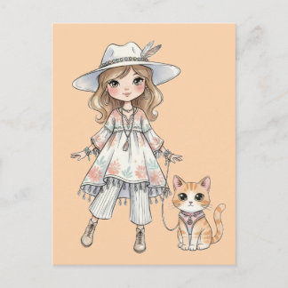 Modebewusstes Mädchen, das mit ihrer Katze spazier Einladungspostkarte