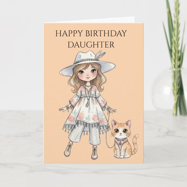 Modebewusstes Mädchen, das mit ihrer Katze spazier Karte (Vorderseite)