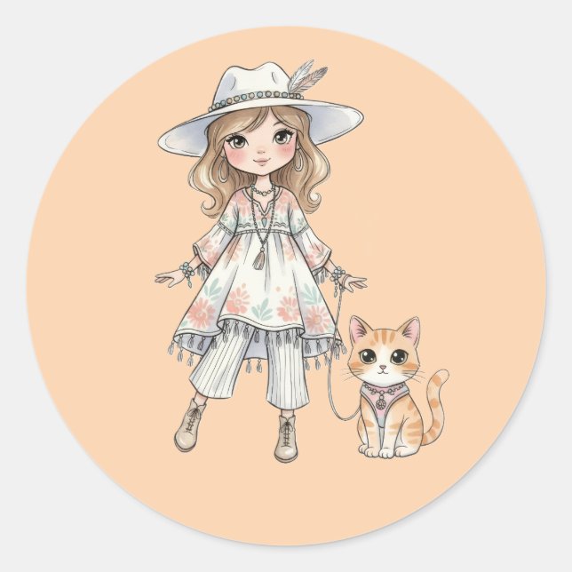 Modebewusstes Mädchen, das mit ihrer Katze spazier Runder Aufkleber (Vorderseite)