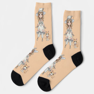 Modebewusstes Mädchen, das mit süßer Katze spazier Socken