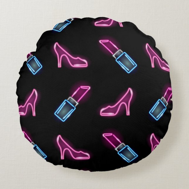 Modedesign mit Neon Icons. Rundes Kissen (Vorderseite)