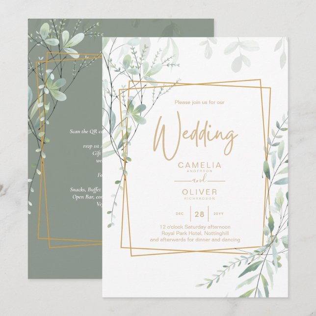 Modeern Greenerity Wedding QR Code UAWG Einladung (Vorne/Hinten)
