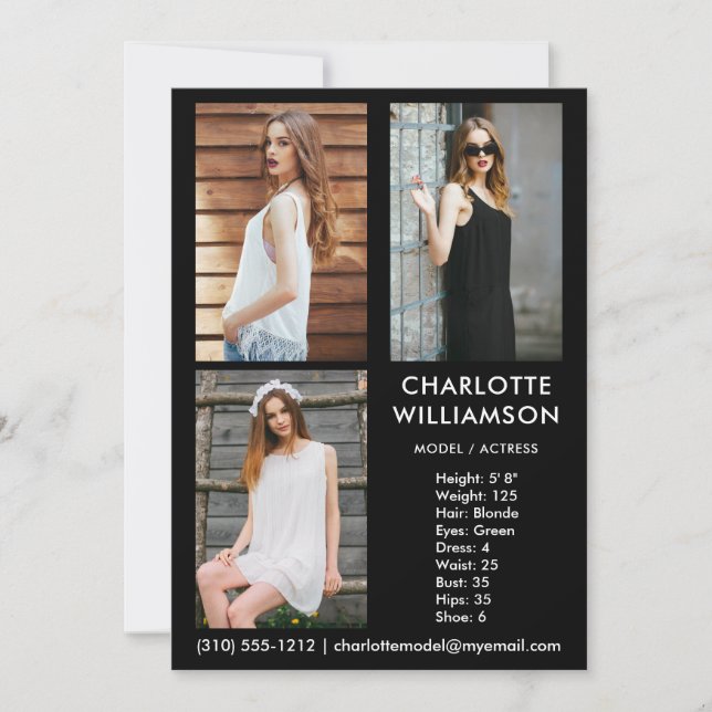 Model Actor 3 Foto Comp Card 12x18 Black Einladung (Vorderseite)