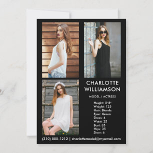 Model Actor 3 Foto Comp Card 12x18 Black Einladung