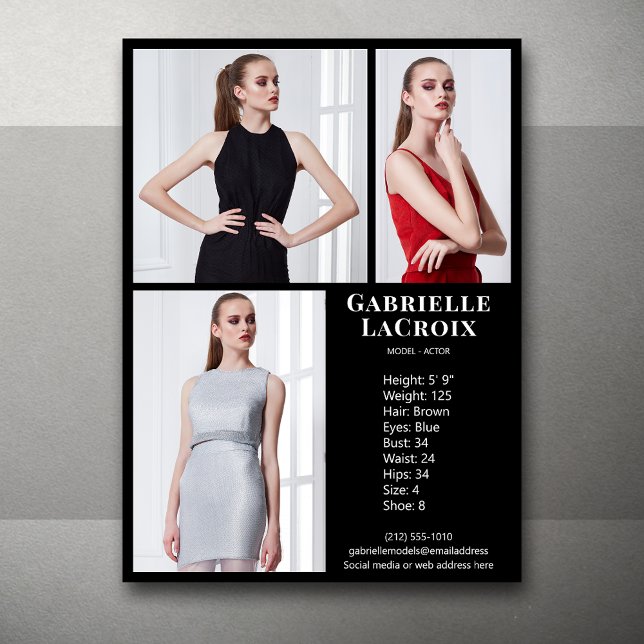 Model Actor 3 Foto Pro Comp Card Vorlage Schwarz (Available in print or instant digital download for quick messaging, email or self printing.)