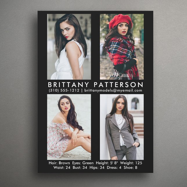 Model Actor 4 Foto Comp Card 12x18 Black Einladung (Available in high quality print or digital download for quick messaging, email or self printing.)