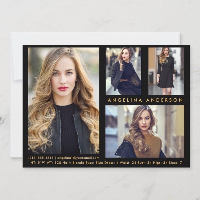 Model Actor 4 Foto Comp Card - Schwarze Goldfront (Vorderseite)