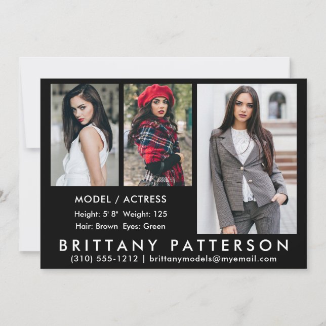 Model Actor Comp Card 3 Foto Black 12x18 Einladung (Vorderseite)