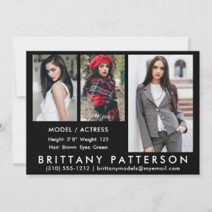 Model Actor Comp Card 3 Foto Black 12x18 Einladung