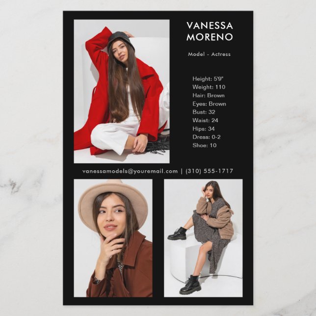 Model Actor Comp Card 3 Foto Schwarzer Flyer (Vorderseite)