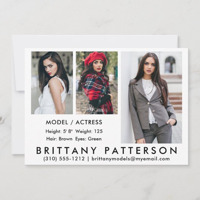 Model Actor Comp Card 3 Foto Weißes 12x18 Einladung (Vorderseite)