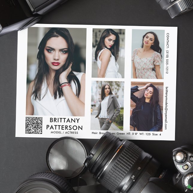 Model Actor Comp Card 5 Foto QR Code Einladung (Available in high quality print or digital download for quick messaging, email or self printing.)