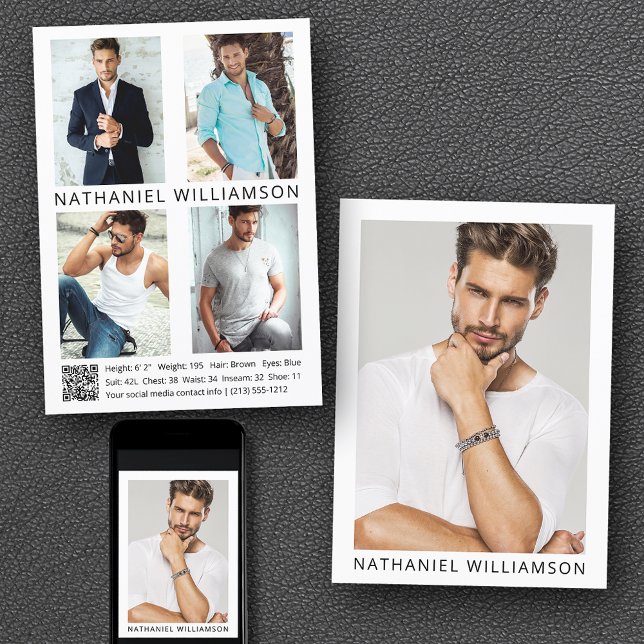 Model Actor QR Code 5 Foto Pro Comp Card Einladung (Customize to change background color, text size or text style. Available for prints and download.)