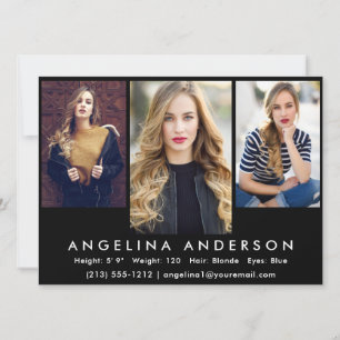 Modell Actor 3 Foto Comp Card Schwarze Front Einladung