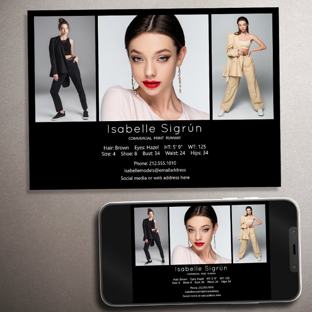 Modell Actor 3 Foto Comp Card Vorlage 12x18 Schwar (Available in high quality print or digital download for quick messaging, email or self printing.)