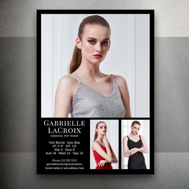 Modell Actor 3 Foto Comp Card Vorlage 12x18 Schwar (Available in print or instant digital download for quick messaging, email or self printing.)