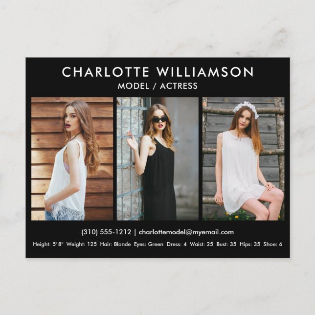 Modell Actor Comp Card 3 Foto Postkarte Schwarz (Vorderseite)