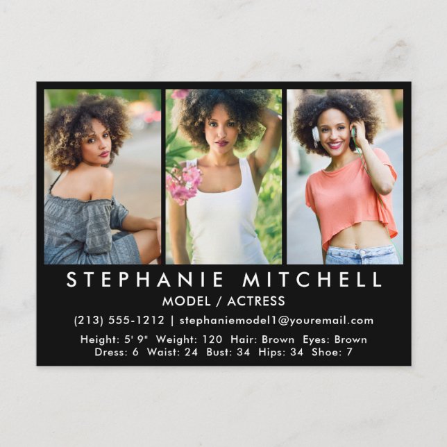Modell Actor Comp Card Blk Postcard - 3 Fotos Postkarte (Vorderseite)