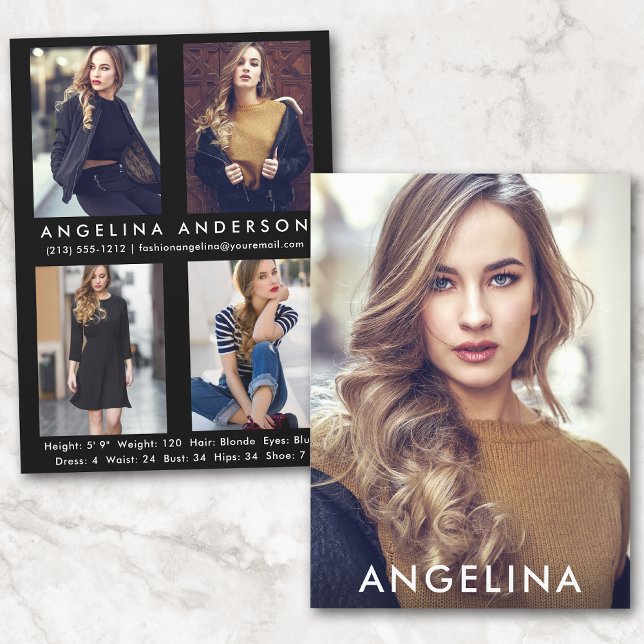 Modell Actor Comp Card Blk W- 4 Foto Zurück (Customize to change background color, text size or text style.)