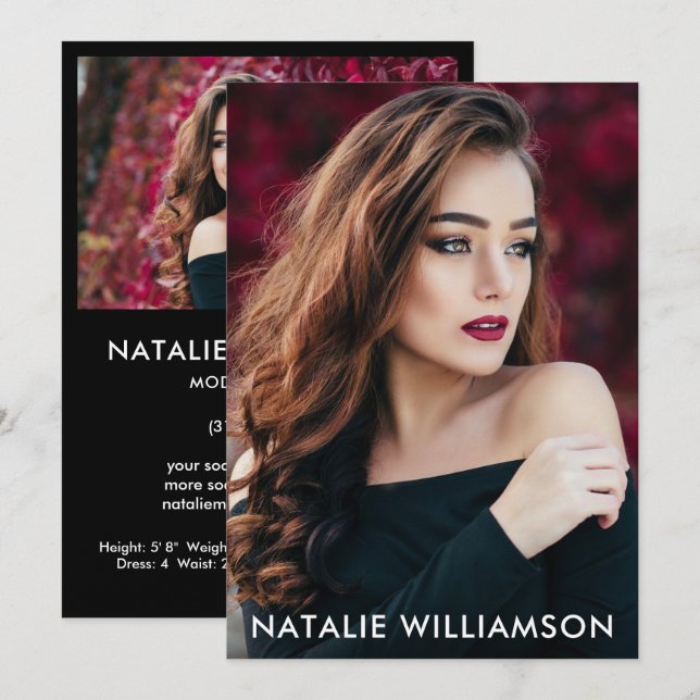 Modell Schauspieler 2 Foto Comp Card 12x18 Schwarz Einladung (Vorne/Hinten)