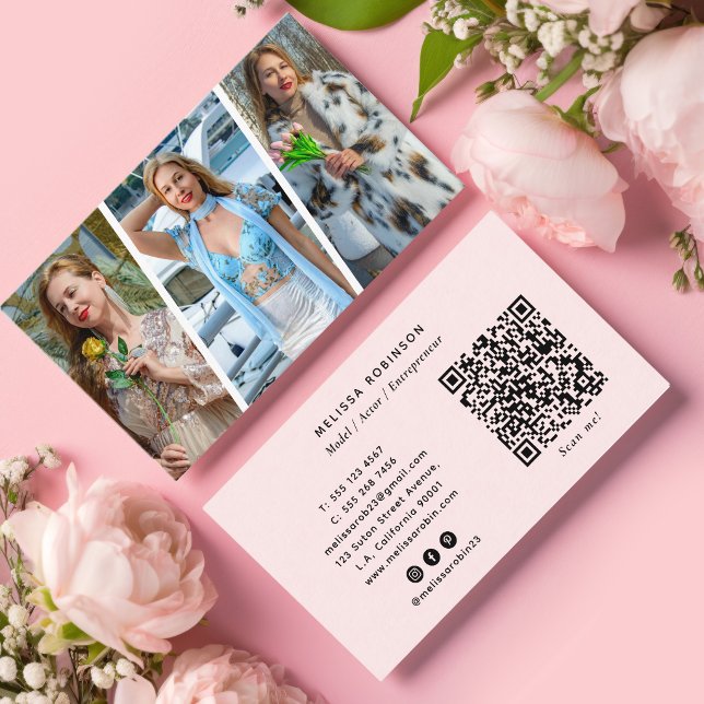 Modell Social Media, QR-Code & 3-Foto-Collage Rosa Visitenkarte (Von Creator hochgeladen)